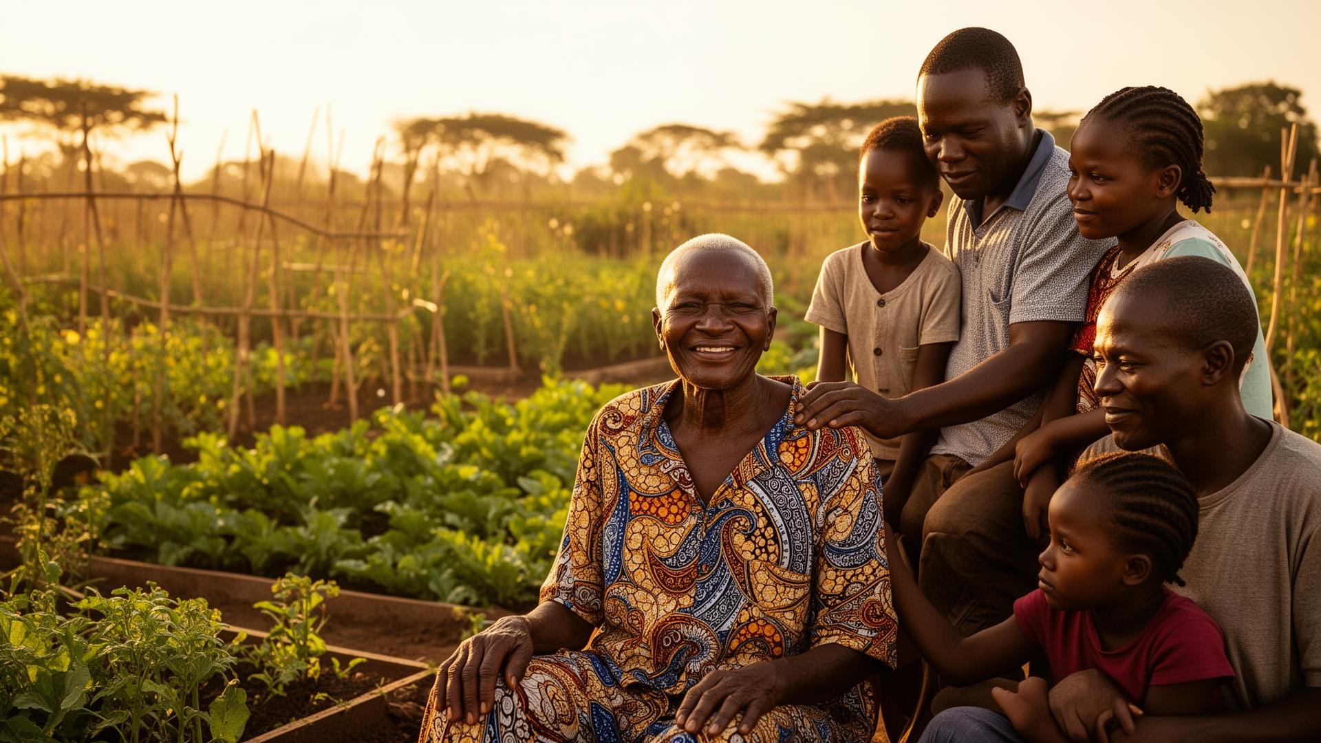 Elderly person surrounded by family in a community garden